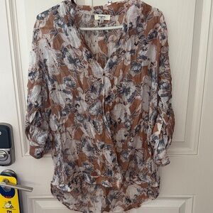 Hayden Brown and White Floral Crinkle Button-Front Tunic